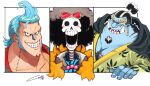  3boys absurdres afro ascot black_hair blue_skin blush brook_(one_piece) colored_skin curly_eyebrows eyewear_on_head facial_hair fins fish_boy franky_(one_piece) goatee grin hand_up highres ippaiotabe_mkw jinbe_(one_piece) large_pectorals laughing long_sideburns looking_at_viewer male_focus mature_male multiple_boys muscular muscular_male one_piece outside_border pectorals pointy_ears short_hair sideburns skeleton smile spiked_hair split_screen stitches sunglasses tusks undead 