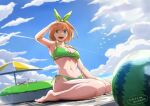  1girl armpits bare_shoulders barefoot beach beach_umbrella bikini blue_eyes breasts cat collarbone contrail crab dated day dutch_angle eyebrows_hidden_by_hair feet food fruit full_body go-toubun_no_hanayome green_bikini green_hairband green_ribbon hair_ribbon hairband halterneck hand_to_forehead hand_up highres inflatable_raft knees large_breasts lens_flare looking_afar looking_ahead nakano_yotsuba navel ocean on_ground open_mouth orange_hair outdoors puchikun ribbon sand side-tie_bikini_bottom sitting sky solo summer swimsuit teeth thighs twitter_username umbrella upper_teeth_only wariza watermelon 