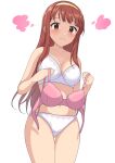 1girl ass_visible_through_thighs blush bra breasts brown_eyes brown_hair closed_mouth commentary cowboy_shot crotch_seam frown hairband holding holding_bra holding_clothes holding_underwear idolmaster idolmaster_million_live! long_hair looking_at_viewer medium_breasts navel panties perapera pink_bra simple_background solo standing tanaka_kotoha thigh_gap underwear underwear_only white_background white_bra white_panties yellow_hairband 