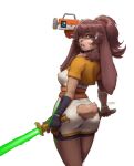  2023 anthro blue_eyes breasts brown_body brown_fur brown_hair butt clothed clothing dual_wielding duo eyebrows eyelashes female floppy_ears fur green_lightsaber hair hi_res holding_object holding_weapon lagomorph lepi leporid lightsaber long_ears looking_at_viewer looking_back looking_back_at_viewer lop_(star_wars_visions) machine mammal medium_breasts melee_weapon neck_tuft ponytail rabbit robot sanny scut_tail short_tail side_boob simple_background star_wars star_wars_visions tail tan_body tan_fur td-4 tuft weapon white_background 