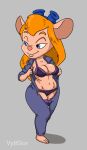  2023 anthro big_breasts blonde_hair blue_eyes bottomwear bra breasts chip_&#039;n_dale_rescue_rangers clothed clothing digital_media_(artwork) disney eyewear feet female full-length_portrait gadget_hackwrench glasses goggles hair hi_res long_hair looking_pleasured mammal mouse murid murine overalls pants pink_nose portrait rodent solo underwear vylfgor 