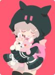  animal_bag backpack bag black_thighhighs bow cat_bag closed_eyes collared_shirt danganronpa_(series) danganronpa_2:_goodbye_despair diaper ear_bow flipped_hair galaga grey_skirt hug long_sleeves monomi_(danganronpa) nanami_chiaki no_mouth pink_background pink_bag pink_bow pink_hair pink_ribbon rabbit ribbon rizu_(rizunm) shirt short_hair skirt spaceship_hair_ornament thighhighs 