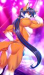  absurd_res alty anthro bound bulge butt canid canine clothing cuffs_(clothing) dancing fox hair_tied hi_res katsuke male mammal muscular pole solo stripper stripper_pole tail thong underwear 