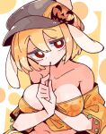  1girl animal_ears blonde_hair blush breasts brown_headwear cabbie_hat collarbone floppy_ears hair_between_eyes hat highres holding large_breasts looking_at_viewer massakasama navel orange_shirt rabbit_ears red_eyes ringo_(touhou) shirt short_hair short_sleeves solo touhou upper_body 