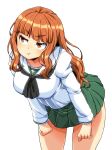  1girl :t absurdres aono3 black_neckerchief blouse blunt_bangs closed_mouth commentary cowboy_shot frown girls_und_panzer green_skirt hands_on_own_thighs highres leaning_forward long_hair long_sleeves looking_to_the_side miniskirt neckerchief ooarai_school_uniform orange_eyes orange_hair pleated_skirt sailor_collar school_uniform shirt simple_background skirt solo standing takebe_saori white_background white_sailor_collar white_shirt 