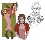  1boy 1girl aerith_gainsborough armor bangle basket boots bracelet braid braided_ponytail breasts brown_footwear brown_hair choker cleavage closed_eyes cloud_strife cropped_jacket crossed_arms dress final_fantasy final_fantasy_vii final_fantasy_vii_remake flower flower_basket full_body green_background green_eyes hair_ribbon hand_to_own_mouth highres holding holding_basket jacket jewelry leaning_forward leslie_hung lily_(flower) lineart long_dress long_hair medium_breasts multiple_views open_mouth own_hands_together parted_bangs pink_dress pink_ribbon puffy_short_sleeves puffy_sleeves red_jacket ribbon ribbon_choker short_sleeves shoulder_armor sidelocks single_braid sketch sleeveless sleeveless_turtleneck smile spiked_hair suspenders turtleneck upper_body wavy_hair white_background yellow_flower 