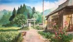  billboard blue_sky building bush chochottochoina cloud cloudy_sky flower forest grass house mountain nature no_humans omohide_poro_poro painting_(medium) path red_flower scenery sky thatched_roof torii traditional_media utility_pole wooden_wall 