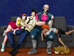  2boys 2girls androgynous ass barefoot beard blush_stickers breasts child closed_eyes couch cowboy_bebop ddong_1120 dog edward_wong_hau_pepelu_tivrusky_iv ein_(cowboy_bebop) facial_hair faye_valentine hairband jet_black lipstick makeup multiple_boys multiple_girls on_couch open_mouth orange_hair prosthesis prosthetic_arm purple_hair short_hair sleeping spike_spiegel white_footwear yellow_hairband 