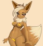  anthro bikini brown_body brown_eyes brown_fur clothed clothing eevee female fur generation_1_pokemon hi_res looking_at_viewer navel nintendo pokemon pokemon_(species) siripim111 skimpy smile solo swimwear tan_body tan_fur 