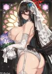  1girl ass bare_shoulders black_hair blue_archive blush bouquet breasts bridal_veil cenangam closed_mouth earrings elbow_gloves flower garter_straps glint gloves hair_flower hair_ornament halo hasumi_(blue_archive) highres holding holding_bouquet jewelry lace_trim large_breasts leotard lingerie looking_at_viewer purple_flower red_eyes sideboob smile solo thighhighs underwear veil white_flower white_garter_straps white_gloves white_leotard white_thighhighs 