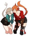  2girls :d animal_ears aqua_shirt au_ra black_gloves black_skirt black_thighhighs blue_eyes bracelet breasts cat_ears cat_girl cat_tail cleavage closed_eyes collarbone collared_shirt commentary cropped_legs dragon_girl dragon_horns dragon_tail face-to-face facial_mark feet_out_of_frame final_fantasy final_fantasy_xiv fingerless_gloves gloves hand_in_own_hair hand_on_own_knee hands_on_own_knees highres horns jewelry jionghai leaning_forward light_brown_hair looking_at_another miqo&#039;te multiple_girls open_mouth orange_hair red_shirt scales shirt short_hair simple_background skirt smile standing suspender_skirt suspenders symbol-only_commentary tail tail_raised thighhighs warrior_of_light_(ff14) white_background 