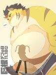 2023 anthro belly big_belly big_dick_day blush clothing erection felid genitals ginsingoo1 hi_res hitachi_(tamacolle) japanese_text kemono male mammal moobs nipples overweight overweight_male pantherine penis pink_nose simple_background solo tamacolle text tiger underwear 