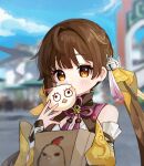  1girl bag baozi bell blunt_bangs blurry breasts brown_eyes brown_hair carrying chinese_clothes cleavage commentary depth_of_field eating food hair_bell hair_ornament hair_ribbon highres holding holding_food honkai:_star_rail honkai_(series) looking_at_viewer miyako_draw outdoors paper_bag parted_bangs ribbon sleeveless solo sushang_(honkai:_star_rail) twintails 