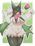  &lt;3 absurd_res anthro biped border breasts female front_view fur generation_9_pokemon green_background green_body green_fur hi_res japanese_text looking_at_viewer meowscarada nintendo pawpads pokemon pokemon_(species) pupils purple_eyes shiryujack08 simple_background slit_pupils solo text white_border 