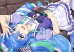  1girl :d animal_ears arm_up blue_eyes blue_hair commentary_request couch frilled_skirt frills green_hair hair_between_eyes heterochromia holding horse_ears horse_girl horse_tail looking_at_viewer miri_(ago550421) multicolored_hair nintendo_switch on_couch pillow pleated_skirt puffy_short_sleeves puffy_sleeves purple_eyes purple_shirt ringed_eyes school_uniform shirt short_sleeves skirt smile solo tail thighhighs tracen_school_uniform twin_turbo_(umamusume) twintails two-tone_hair umamusume white_skirt white_thighhighs 