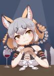  1girl alcohol animal_ears bare_shoulders belt dress extra_ears fox_ears fox_girl fox_tail gloves grey_hair highres island_fox_(kemono_friends) kemono_friends kemono_friends_v_project long_hair looking_at_viewer mugise_hitsuji orange_hair ribbon simple_background solo sundress tail upper_body virtual_youtuber yellow_eyes 