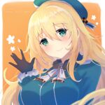  1girl ascot atago_(kancolle) beret black_gloves blonde_hair blue_headwear blue_jacket border breasts fur_collar gloves green_eyes haruka_faraway716 hat highres jacket kantai_collection large_breasts long_hair long_sleeves military military_uniform solo uniform upper_body white_border yellow_background 