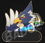  1boy arijuno beak bird_boy black_background blue_fur blue_hair blue_scarf blush_stickers body_fur braid character_name commentary english_commentary english_text from_side furry furry_male green_eyes hair_tie hand_up happy looking_at_viewer male_focus open_mouth outline portrait profile quad_tails revali rito scarf short_hair simple_background smile solo talking the_legend_of_zelda the_legend_of_zelda:_breath_of_the_wild two-tone_fur watermark white_fur yellow_outline 