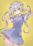  1girl :c blush bow breasts breasts_apart collared_dress contrapposto covered_nipples cowboy_shot dress eichan_(eichanidfi) grey_hair hair_between_eyes hair_bow head_tilt highres holding holding_hair long_hair looking_at_viewer original puffy_short_sleeves puffy_sleeves purple_bow purple_dress raised_eyebrows red_eyes short_sleeves sidelocks simple_background small_breasts solo thigh_gap thighs twintails yellow_background 