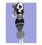  anthro ashley_(huf13) black_body black_fur bottomwear bra clothing domestic_rabbit female fluffy_thighs fur grey_body grey_fur gym_bottomwear gym_clothing gym_shorts hair hands_behind_head hi_res lagomorph leporid lop_rabbit mammal nanicreates oryctolagus purple_background rabbit raised_arm red_eyes shorts simple_background solo sports_bra teeth_showing thigh_gap underwear white_background white_feet white_hair wide_hips 