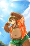  2023 anthro bear belly big_belly blush bottomwear brown_body bulge clothed clothing hat headgear headwear hi_res humanoid_hands kemono lifewonders male mammal moobs nipples open_clothing open_shirt open_topwear outside overweight overweight_male shirt shorts solo straw_hat sun tengzai05 tokyo_afterschool_summoners topwear volos 