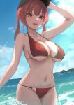  1girl :d arm_up baseball_cap bikini black_headwear blue_sky blush breasts cloud collarbone day gold_trim haro_art hat heterochromia hololive houshou_marine houshou_marine_(4th_costume) large_breasts long_hair looking_at_viewer navel ocean outdoors red_bikini red_hair sky smile solo stomach swimsuit twintails virtual_youtuber wading water wet 
