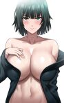  1girl absurdres bare_shoulders blunt_bangs blush breasts cleavage closed_mouth collarbone fubuki_(one-punch_man) green_eyes green_hair hand_up highres huge_breasts jasony linea_alba looking_at_viewer one-punch_man open_clothes simple_background solo upper_body 