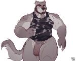  2022 5:4 anthro barazoku beard big_muscles camo camo_print camo_tank_top canid canine canis casual_exposure casual_nudity countershading ear_piercing facial_hair flaccid front_view genitals male mammal muscular muscular_male muscular_thighs pantsless pecs penis piercing portrait pubes ruslorc scar simple_background solo three-quarter_portrait victor_(henuwu) walking white_background wide_hips wolf 