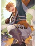  1boy armored_boots axe blonde_hair blue_shirt blush boots brown_gloves closed_eyes day gloves granblue_fantasy grey_pants higashigunkan highres holding holding_axe male_focus muscular muscular_male open_mouth outdoors pants shirt short_hair sky smile solo vane_(granblue_fantasy) weapon 