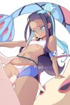  1boy 1girl armlet belly_chain black_hair blue_eyes blue_hair breasts clothed_female_nude_male clothed_sex clothing_aside dark-skinned_female dark_skin earrings hetero highres hoop_earrings hot_vr jewelry long_hair multicolored_hair nessa_(pokemon) nude penis pokemon pussy sex shorts shorts_aside solo_focus two-tone_hair uncensored vaginal 
