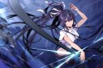  1girl arm_up asymmetrical_clothes belt belt_buckle black_hair blurry blurry_foreground breasts brown_belt buckle commentary_request denim fighting_stance gleam hair_between_eyes hair_ribbon highres holding holding_sword holding_weapon jeans kanzaki_kaori large_breasts long_hair looking_at_viewer midriff nanaheibei_3 navel ootachi pants parted_lips piano_wire ponytail purple_eyes ribbon serious sheath shichiten_shichitou shirt short_sleeves simple_background single_pantsleg solo sword tied_shirt toaru_majutsu_no_index unsheathing very_long_hair weapon white_ribbon white_shirt 