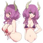  1girl aura_(sousou_no_frieren) bikini blue_eyes blush braid breasts cleavage collarbone covered_nipples demon_girl demon_horns highres horns large_breasts long_hair looking_at_viewer mel_(melty_pot) navel open_mouth purple_bikini purple_hair red_bikini simple_background smile smug solo sousou_no_frieren string_bikini swimsuit tears white_background 