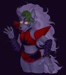  2021 animatronic bottomwear canid canine canis clothing crop_top ear_piercing female five_nights_at_freddy&#039;s five_nights_at_freddy&#039;s:_security_breach fur glowing glowing_eyes green_hair hair hi_res hotpants looking_at_viewer machine mammal midriff multicolored_hair piercing priska purple_body purple_fur robot roxanne_wolf_(fnaf) scottgames shirt shorts solo steel_wool_studios topwear two_tone_hair white_hair wolf wristband yellow_eyes 
