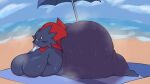  anthro beach beach_towel beach_umbrella big_breasts big_butt bodily_fluids breasts butt feathers female forehead_gem generation_4_pokemon grey_body hi_res huge_breasts huge_butt huge_thighs hyper hyper_butt looking_at_viewer lying nintendo on_front one_eye_closed pokemon pokemon_(species) purple_eyes robin_(xytora) seaside smile solo sweat sweaty_butt thick_thighs towel weavile xytora 