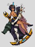  2girls backless_dress backless_outfit black_dahlia black_dress black_footwear black_garter black_hair blue_eyes bob_cut breasts bridal_garter circlet commentary covered_face dark-skinned_female dark_skin dress elbow_gloves eliza_(skullgirls) english_commentary full_body fur_hat gloves grenade_launcher grey_hair hat hat_feather heart high_heels highres holding holding_microphone_stand huge_weapon interracial large_breasts lifting_person long_dress may_frappe mechanical_legs microphone_stand multiple_girls pale_skin short_hair showgirl_skirt sideboob skullgirls standing_leg_lock ushanka vambraces veil weapon white_gloves yuri 