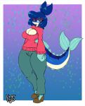  anthro big_breasts blue_body blue_eyes blue_hair bottomwear breasts bulging_breasts cleavage_cutout clothing eyewear female fin fish fish_tail footwear glasses gradient_background hair high_heels holly(sprucy) mackerel_(fish) marine mature_female non-mammal_breasts pants pink_clothing pink_sweater pink_topwear scombrid scombriform simple_background solo sweater topwear vant_talon watermark 