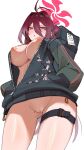  1girl ahoge ass_visible_through_thighs black_jacket blue_archive bottomless breasts breasts_out censored closed_mouth cowboy_shot hair_between_eyes halo highres jacket kakumayu large_breasts long_hair long_sleeves looking_at_viewer mole mole_on_thigh mosaic_censoring naked_jacket nipples open_clothes open_jacket parted_lips pussy red_eyes red_hair reizyo_(blue_archive) shirt simple_background solo standing thigh_strap thighs white_background 