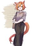  1girl :d amano_(amano_miko) animal_ears bag black_skirt blush brick_wall commentary_request copyright_request grey_shirt hair_between_eyes handbag highres looking_at_viewer orange_hair purple_eyes shirt short_hair short_sleeves shoulder_bag simple_background sketch skirt smile solo tail white_background 