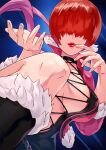  1girl black_dress breasts cleavage cleavage_cutout clothing_cutout coat dress facing_viewer fingernails hair_over_eyes highres large_breasts long_sleeves parted_lips pink_coat red_lips shermie_(kof) short_hair solo the_king_of_fighters yagi2013 