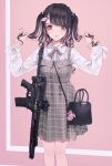  1girl absurdres ar-15 assault_rifle bag black_bag black_bow black_hair black_nails bow braid brown_dress brown_ribbon character_doll character_hair_ornament colored_inner_hair dress fake_nails feet_out_of_frame folding_stock gun gun_sling hair_bow hair_ornament hairclip hand_in_own_hair handbag hello_kitty highres koh_(minagi_kou) multicolored_hair neck_ribbon original pinafore_dress pink_hair plaid plaid_dress plaid_ribbon ribbon rifle sleeveless sleeveless_dress solo standing straight-on streaked_hair swept_bangs twintails watch weapon wristwatch 