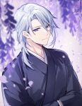  1boy black_kimono blurry blurry_background closed_mouth commentary_request depth_of_field flower genshin_impact grey_hair hair_between_eyes hands_in_opposite_sleeves highres japanese_clothes kamisato_ayaka kimono long_sleeves male_focus mochizuki_shiina mole mole_under_mouth parted_bangs petals purple_eyes purple_flower smile solo upper_body wisteria 