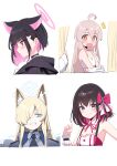  4girls ^^^ ahoge animal_ear_fluff animal_ears black_hair blonde_hair blue_archive blue_eyes bow character_request closed_mouth copyright_request deadnooodles flat_chest grey_hair hair_bow hair_over_one_eye halo highres kanna_(blue_archive) kazusa_(blue_archive) long_hair looking_at_viewer multicolored_hair multiple_girls onii-chan_wa_oshimai! open_mouth oyama_mahiro pink_hair purple_eyes red_bow sharp_teeth short_hair simple_background smile solo teeth two-tone_hair upper_body white_background wrist_cuffs 