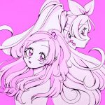  1girl bow commentary_request cure_rhythm earrings eyelashes hair_ornament hair_ribbon half_updo heart heart_earrings jewelry long_hair magical_girl melon_hamburg_bentou minamino_kanade open_mouth pink_eyes ponytail precure ribbon simple_background suite_precure 