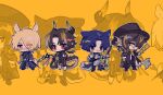  4boys animal_ears apron arknights bandaid bandaid_on_face bandaid_on_nose black_cloak black_coat black_headwear black_pants black_shirt blonde_hair blue_hair brown_hair chibi chong_yue_(arknights) cloak coat commentary dog_boy dog_ears dog_tail dragon_boy dragon_horns dragon_tail fedora fins fish_tail furry furry_male gauntlets gloves grey_apron grey_gloves hair_over_one_eye hat head_fins holding holding_newspaper horns horse_boy horse_ears horse_tail lee_(arknights) looking_at_viewer ma_(xxxx-xl) mlynar_(arknights) multicolored_hair multiple_boys muzzle newspaper open_mouth oversized_object pants parted_bangs pliers red_eyes scarf shirt short_hair simple_background single_gauntlet smile streaked_hair tail talisman white_pants white_shirt windflit_(arknights) yellow_background yellow_eyes yellow_gloves yellow_scarf zoom_layer 