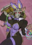  2023 accessory anthro armor basket bethany_(yawg) blade blonde_hair breasts brown_body brown_fur bunny_costume cheek_tuft cheese cleavage clothed clothing container costume cybernetic_arm cybernetic_limb cybernetics dairy_products ear_piercing ear_ring easter easter_basket facial_tuft fake_ears fake_rabbit_ears female fishnet_thigh_highs food fur furgonomics gas_mask glowing glowing_eyes hair headgear helmet hi_res holidays leotard looking_at_viewer machine mammal mask nipple_outline piercing pink_background purple_bowtie purple_clothing purple_leotard red_eyes ring_piercing rodent scar simple_background skaven solo standing tail tail_accessory thick_thighs tuft warhammer_(franchise) wearing_mask yawg 