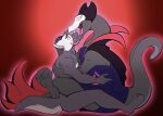  2021 anthro bow_(bowhuskers) canid canine canis cape clothing digital_drawing_(artwork) digital_media_(artwork) duo embrace fan_character female fur generation_7_pokemon green_eyes grey_body grey_fur horn hug male mammal mask nintendo pokemon pokemon_(species) royalcoil salazzle simple_background tongue tongue_out wolf 