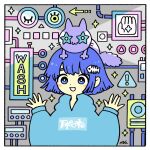  1girl animal_on_head arrow_(symbol) blue_eyes blue_hair blunt_ends border bright_pupils cat cat_on_head garouma hands_up highres hood hood_down hoodie on_head open_mouth original print_hoodie short_hair sign sleeves_past_wrists smile solo white_border white_pupils 