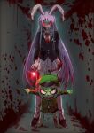  1boy 1girl animal_ears bear beret black_footwear blood blood_on_clothes blood_on_face colored_skin dark_persona evil_smile flippy_(happy_tree_friends) fliqpy_(happy_tree_friends) formal full_body glowing glowing_eyes green_skin happy_tree_friends hat height_difference highres himuhino horror_(theme) indoors jewelry long_hair long_sleeves looking_at_viewer military_hat military_uniform miniskirt necklace necktie open_mouth purple_hair rabbit_ears rabbit_girl red_eyes red_necktie reisen_udongein_inaba shaded_face sharp_teeth shirt skirt smile socks suit teeth touhou uniform wall white_shirt white_skirt white_socks yellow_eyes 
