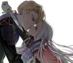  1boy 1girl black_jacket blonde_hair couple dimitri_alexandre_blaiddyd edelgard_von_hresvelg eye_contact fire_emblem fire_emblem:_three_houses floating_hair garreg_mach_monastery_uniform gauntlets gloves hetero highres holding holding_knife ikaikakka imminent_kiss jacket knife long_hair long_sleeves looking_at_another open_mouth short_hair simple_background white_background white_gloves white_hair 