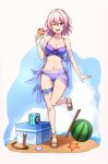  1girl ;d absurdres alternate_costume aoikito_lavender086 bare_legs bikini blue_eyes camera commentary_request food fruit full_body highres holding holding_food honkai:_star_rail honkai_(series) ice_cream_cone looking_at_viewer march_7th_(honkai:_star_rail) navel one_eye_closed open_mouth pink_hair purple_bikini sandals sarong shawl short_hair smile solo standing standing_on_one_leg stomach swimsuit thigh_strap thighs watermelon 